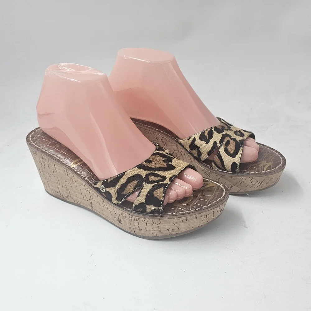 Sam Edelman Reid Leopard Calf Hair Cork Wedge Slide Sandals Platform Size 8